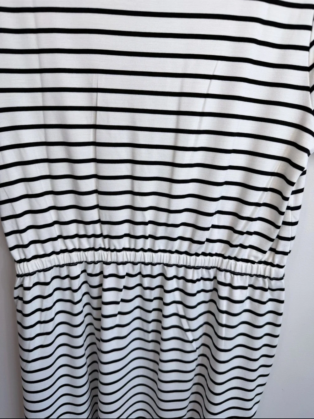 NWT LOFT Black and White Stripe Gathered Waist Mini Tee Dress Size Small Petite